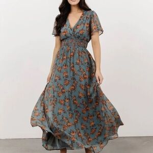 Birdie Maxi Dress | Floral Dusty Blue and Orange Pattern - XL